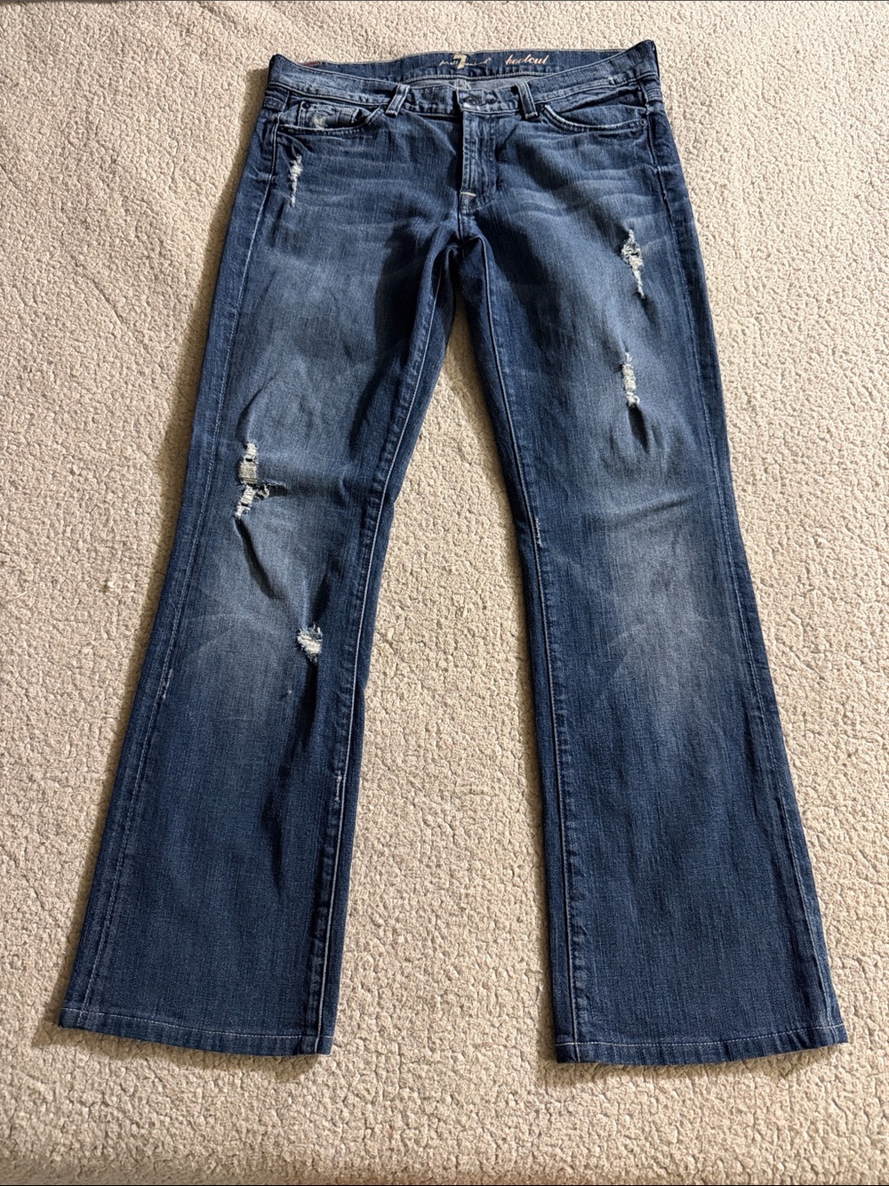 7 For All Mankind Women's Dark Blue Bootcut Jeans with Light Distressing Size 31
